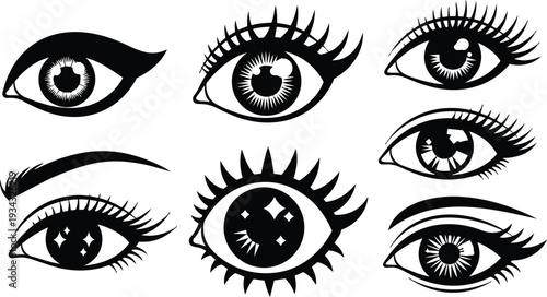 Monochrome vector eye icons set close up stylized female eyes with long lashes various angles eyebrow detail high contrast graphic illustration for beauty design logo tattoo