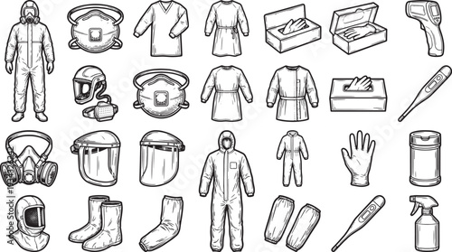 A collection of medical protective equipment and personal safety gear essentials, including face shields, masks, gloves, and hazmat suits, essential for health and safety in various medical scenarios.