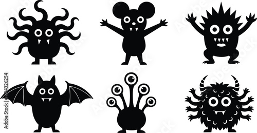 Flat black monster silhouette icons six quirky characters front view smiling eyes fangs tentacles wings horns fuzzy texture simple shapes cartoon spooky friendly bold graphic vector