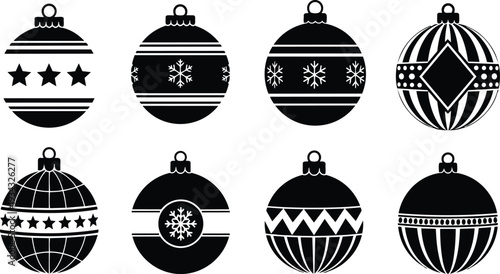 Silhouette flat icon set eight christmas baubles close up front view assorted star snowflake stripe geometric patterns black on white background festive holiday decorative vector illustration