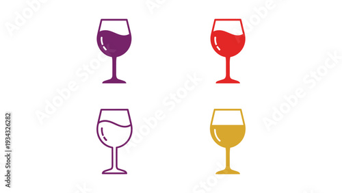 Four stylized wine glasses with different colored liquids and orientations