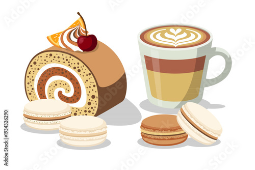 Coffee Break Concept with Chocolate Roll Cake and Cappuccino