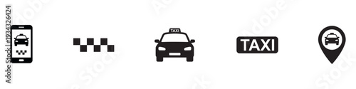 Taxi icon set. Taxi service icon set. Taxi car map pin mark. Black signs of taxi stop place. Vector Illustration. ESP 10
