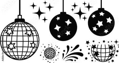 Vector disco ball ornament close up with hanging star cutouts and grid reflection isolated on white background with sparkle elements and flat black silhouette style design