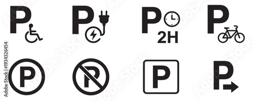 Car parking vector icons. Parking and traffic signs isolated on white background. Vector illustration. Vector Graphic. EPS 10