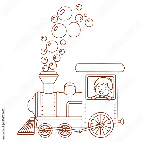 Cute cartoon train illustration with a smiling boy and puffing bubbles showcasing childhood dreams and imaginative play time