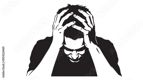 Frustrated man in black and white illustration with dramatic lighting for business stress