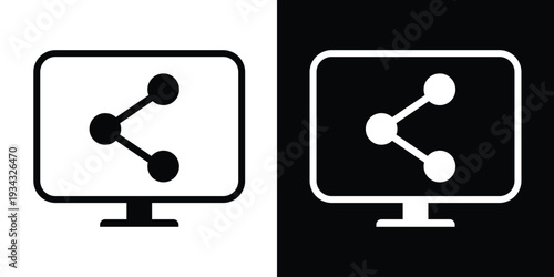 Share icon on computer monitor screen. Social media networking, data distribution, and digital connection concept. Black and white minimalist vector icons for web and app interface design.