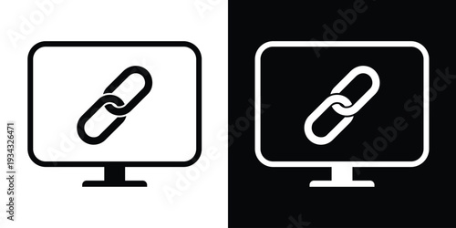 Hyperlink chain icon on computer screen. Symbol for website URL, digital connection, and online referencing. Clean black and white vector design for technology and internet concepts.