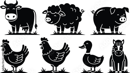 Simple black silhouette farm animal icons rowed in two lines cow sheep pig chicken hen duck and horse in flat vector style bold graphic minimalist isolated