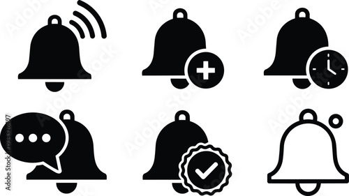 Minimal notification bell icon set six variations including ringing add reminder message badge verified and outline styles close up flat vector graphic isolated white background simple