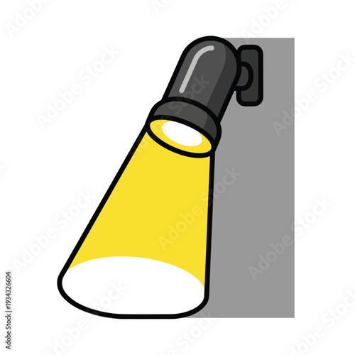 A wall-mounted spotlight illustration showcases a sleek light fixture with a yellow glow, mounted on a gray wall, viewed from a slight angle.