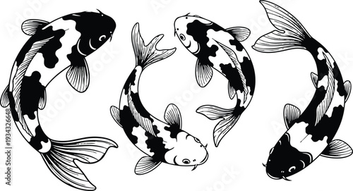 Hand drawn black and white koi fish group circle composition four carp swimming top view detailed line art illustration ornamental japanese ink tattoo motif flowing fins