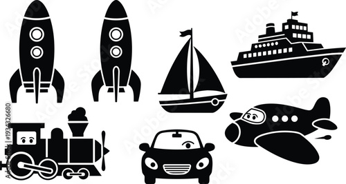 Flat vector silhouette transport icons close up rockets sailboat cruise ship steam train small car airplane set on white background bold simple playful children friendly cute