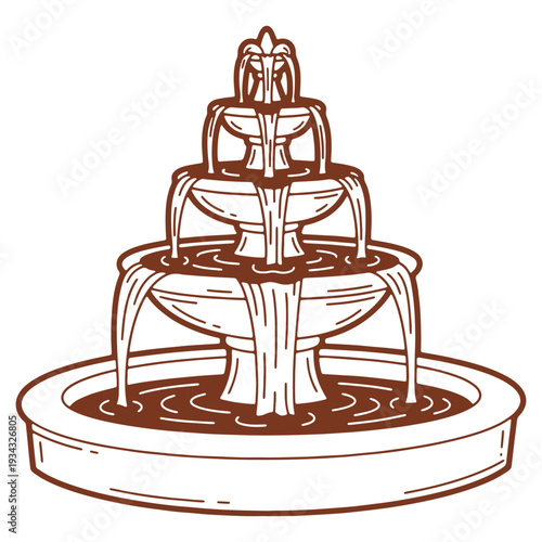 Detailed Fountain Illustration with Multiple Tiers and Cascading Water Brown Color Palette