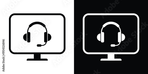 Customer service headset icon on monitor. Online technical support, call center, and telemarketing concept. Black and white vector illustrations for contact us and help desk pages.