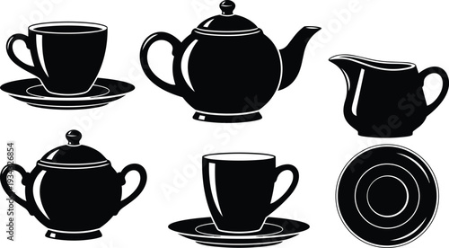 Minimalist black tea set silhouettes flat lay with teapot cup creamer sugar bowl and saucer high contrast studio lighting white background side view handle visible shadowless