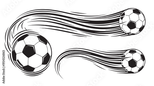 Flying soccer balls with motion blur in black and white dynamic illustration for sports branding
