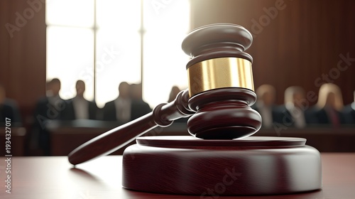Justice and Law Symbol Gavel and Courtroom Scene Represents Legal Proceedings