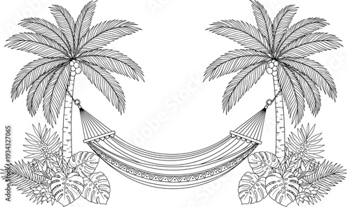 Black and white of hammock between two palm trees tropical line palm leaves