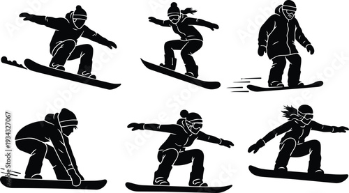 Stylized black silhouette snowboarders performing jumps and grabs in dynamic aerial poses multiple angles showing beanie goggles boards speed lines close up low angle motion