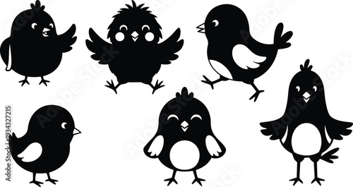 Playful silhouette cartoon baby chicks set close up various poses looking at camera waving wings in black and white vector style with cute flat cheerful mood
