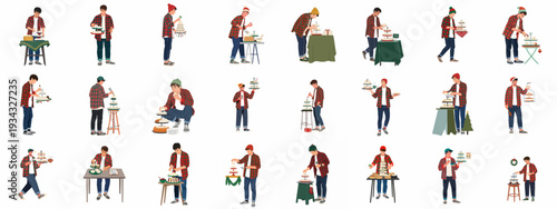 Festive Collection: Man Preparing and Serving Holiday-Themed Steamed Buns and Dumplings on Tiered Trays for Christmas Celebration.