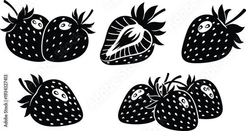 Black stencil strawberry illustrations close up cluster sliced fruit vector style isolated on white background bold contrast simple graphic elements hand drawn seeds visible top view