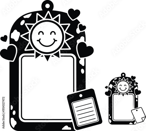 Flat monochrome vector close up smiling sun photo frame with heart decorations and tablet icons beside it front view rounded corners blank label area high contrast