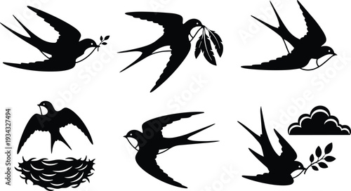 Flat silhouette swallow icons six flying birds some carrying leaves and feathers nest and cloud arranged on white background minimalist black vector set side view graphic