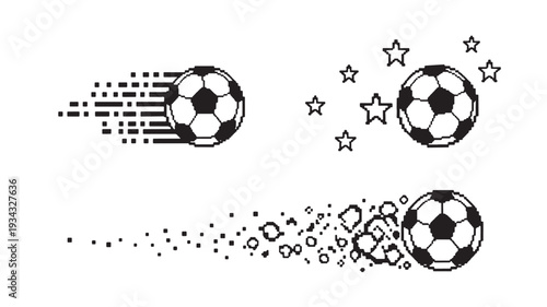 Flying soccer balls with starburst and particles in dynamic motion for sports branding