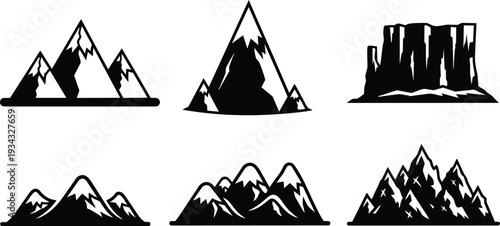 Minimal black mountain icon set showing six alpine silhouette peaks close up assorted triangular and rounded summits flat vector emblems for outdoor adventure branding monochrome simple