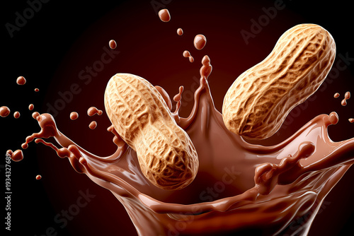 Peanuts Splashing into Chocolate. Whole peanuts falling into rich dark chocolate splash on brown background. Sweet snack and confectionery concept