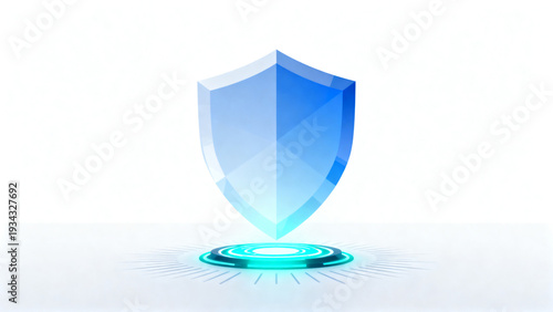 Digital Security Shield Icon. Futuristic blue shield hologram floating above glowing base. Cybersecurity and data protection concept
