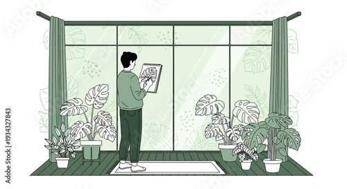 Artist Drawing Tropical Plants in Sunlit Greenhouse Studio