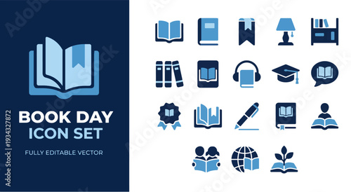 Creative icon set representing various aspects of book day and literature celebration Vector