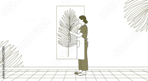 Artist Hangs Botanical Illustration in Gallery, Minimalist Line Art