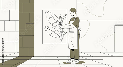 Artist Hangs Plant Art in Modern Gallery Studio, Minimalist Line Drawing