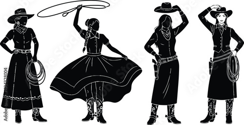 Vintage western silhouette four cowgirls in boots skirts and hats one twirling lasso one holding lasso one tipping hat close up side view confident feminine poses