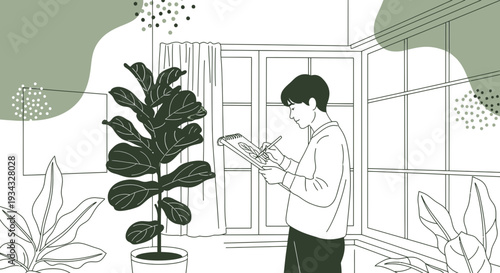 Artist Drawing Plant Sketch in Minimalist Room, Indoor Botanical Art