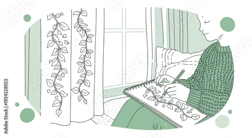 Artist drawing plants by window, creative hobby, nature inspiration, line art sketch