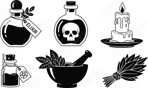 Minimalist black and white witchcraft potion bottles skull bottle mortar and pestle herb bundle labeled elixir small vial with pentagram tag candle dripping wax side view