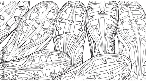 Tread patterns of multiple athletic shoes in black and white line drawing for sports equipment design
