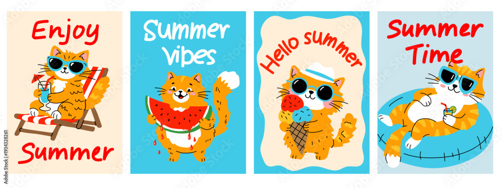 Fototapeta premium Cute Summer Cat Poster Set with Fun Quote