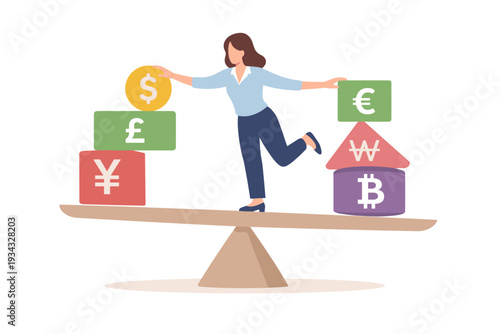 Woman balancing currency symbols on a scale representing financial stability.