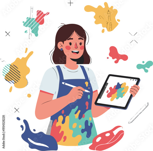 A young woman artist using a digital tablet to create colorful artwork