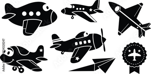 Playful black plane icons set close up cartoon propeller and jet airplanes paper plane badge isolated on white background flat vector silhouette front facing smiling