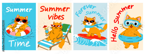 Cute Summer Cat Poster Collection Set