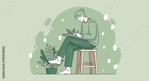 Artist Drawing Plants, Creative Inspiration, Green Aesthetic Illustration