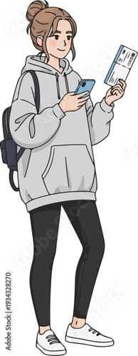 A young woman in casual clothing checks her phone and ticket.